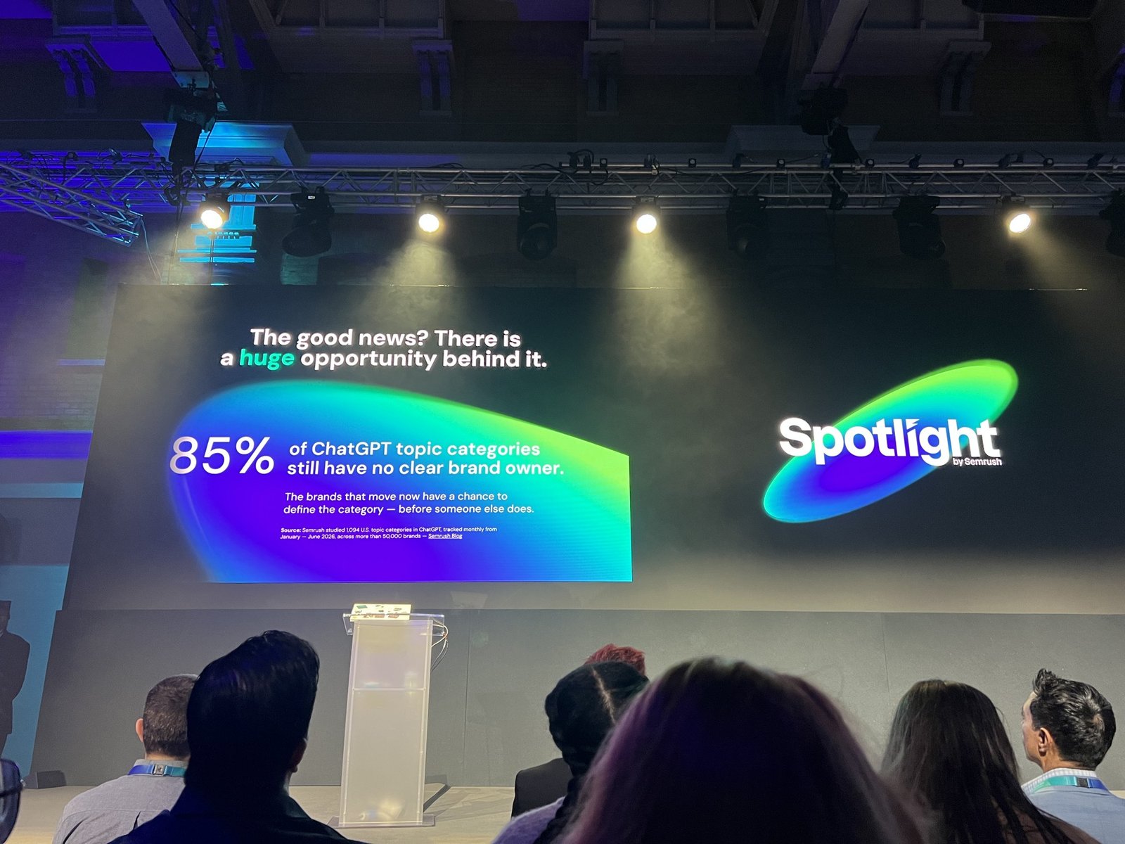 A Spotlight slide reading 85% of ChatGPT topic categories still have no clear brand owner