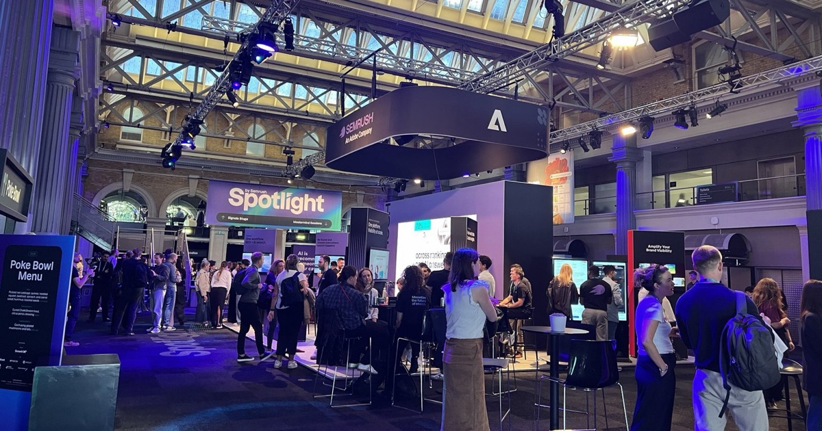 The expo floor at Spotlight, under the glass roof of Old Billingsgate